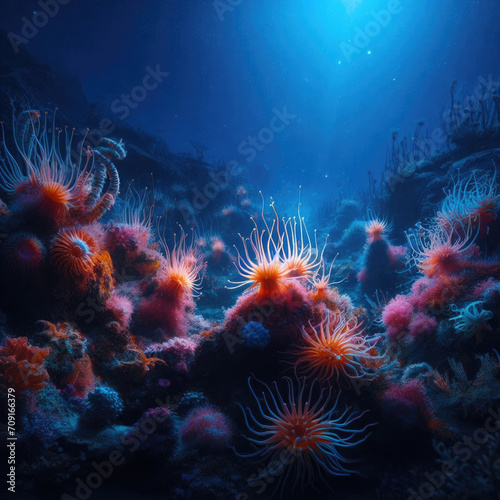 Generative AI Beautiful view of underwater plants, fish and corals at night, beautiful view of coral sea plants and fish at night, Beautiful underwater night view, marine plants, fish, coral, sea