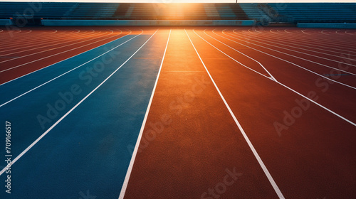 aerial view photography of a a blue running track with the sun reflecting on it created with Generative Ai