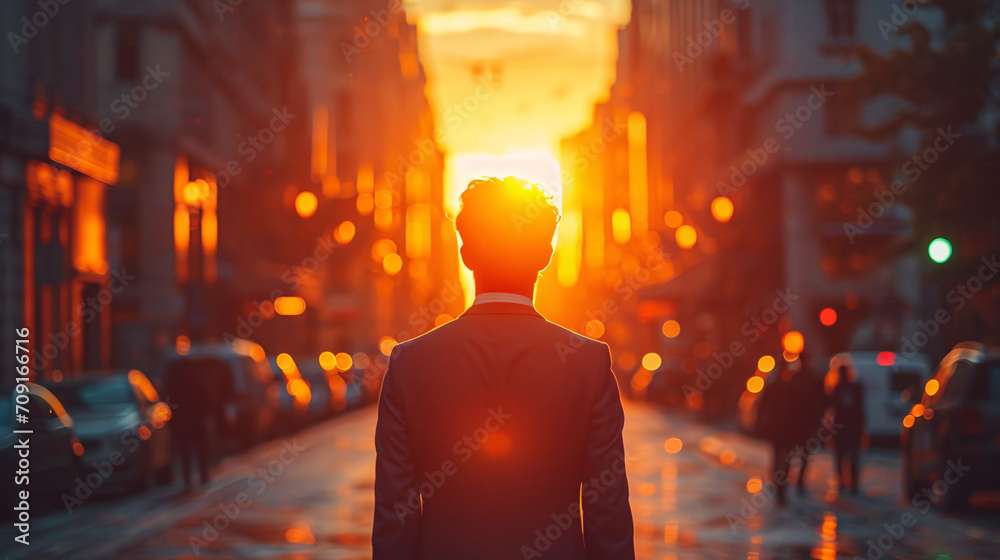 A businessman walking down a city street at sunset A businessman walking down a city street at sunset