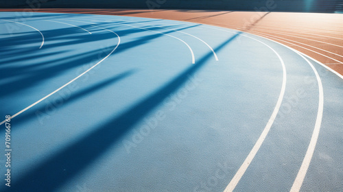 aerial view photography of a a blue running track with the sun reflecting on it created with Generative Ai