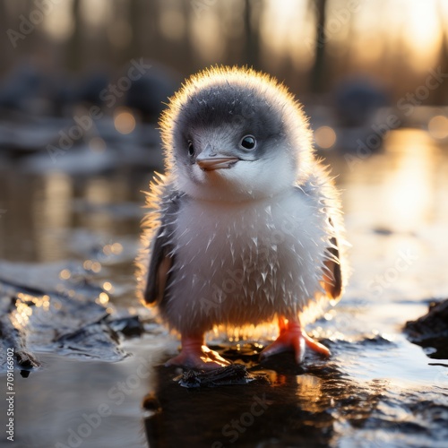 Photo of a baby penguin chick waddling on ice. Generative AI