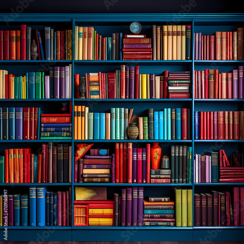 A bookshelf filled with colorful books.