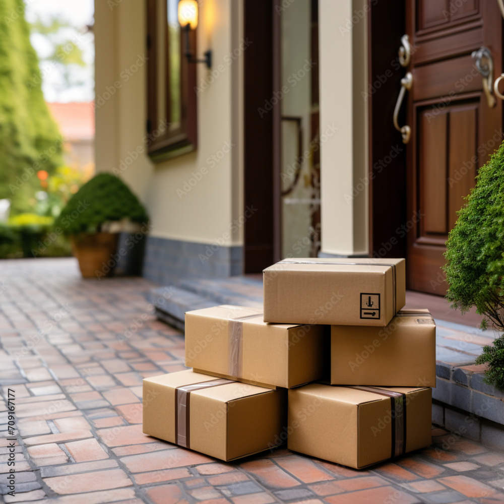 Shipping packages on the doormat of a house entrance. Shipping packages on the doormat of a house entrance.