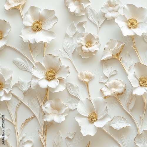 Elegant 3D Floral Wallpaper Design in White and Gold with Sculpting Aesthetics on a Pristine Background