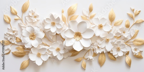 Elegant 3D Floral Wallpaper Design - White and Gold Sculpted Flowers on a Pristine Background
