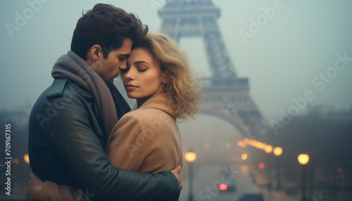 Young romantic couple embracing in Paris city - Paris Skyline in the early morning winter fog - blond woman, dark haired man - winter wea