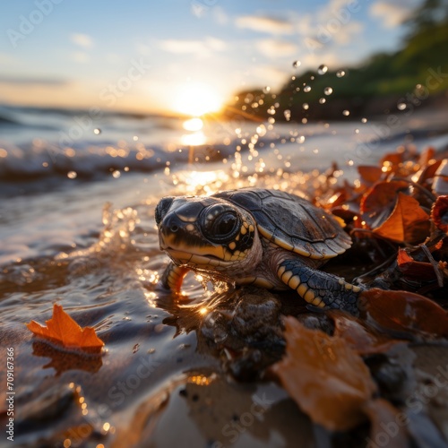 Photo of a baby turtle making its way to the sea. Generative AI