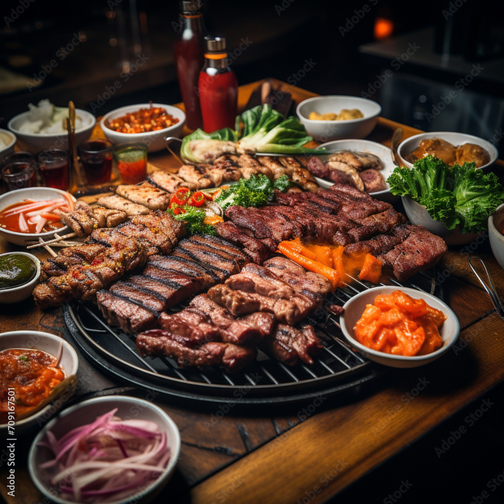 Meat and vegetables on a Korean barbecue.
