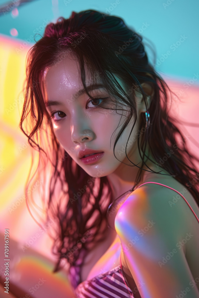 Beautiful Asian woman in bikini posing on colorful background