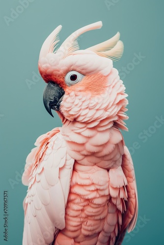Portrait of a pink cockatoo with a dramatic feather crest raised, showcasing its detailed plumage against a blurred background... © netrun78