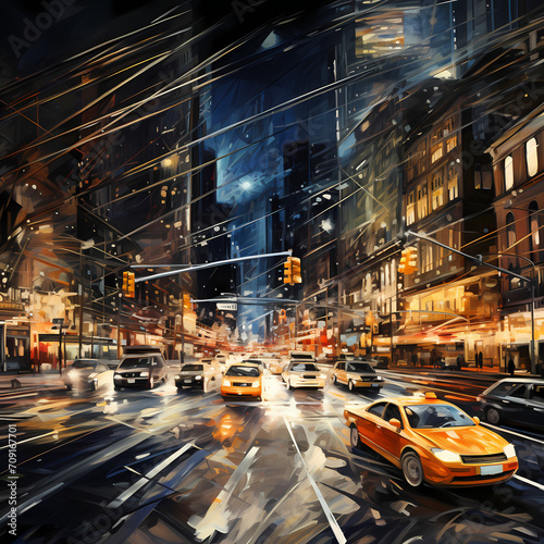 A chaotic city intersection with streaks of car lights. © Cao