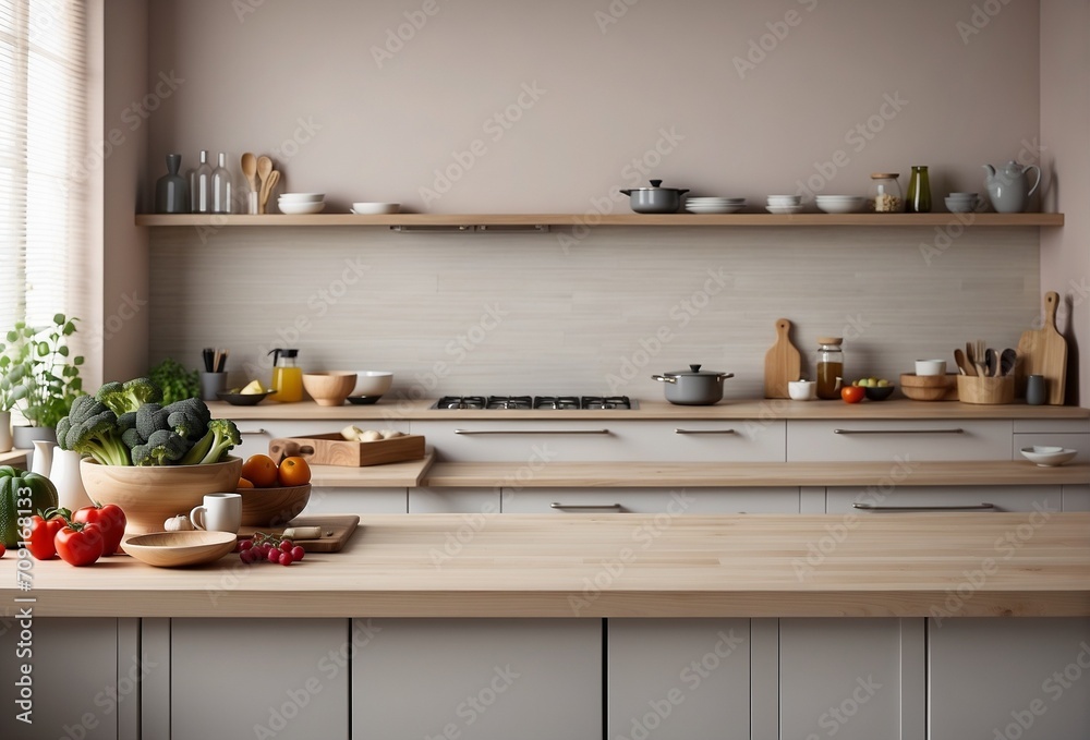 Modern kitchen countertop with household culinary utensils, healthy home cooking concept banner