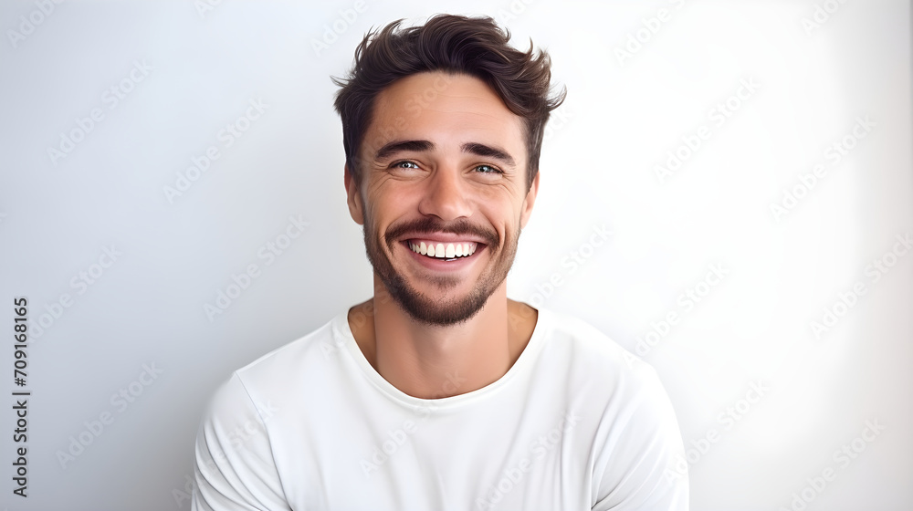 a professional portrait a handsome young white american man model with perfect clean teeth laughing and smiling, on white background - obrazy, fototapety, plakaty 