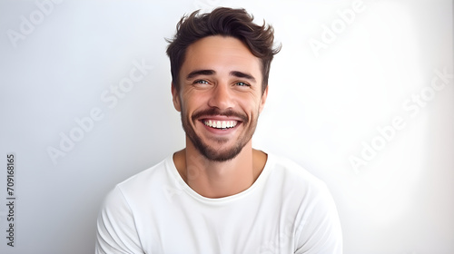 a professional portrait a handsome young white american man model with perfect clean teeth laughing and smiling, on white background photo