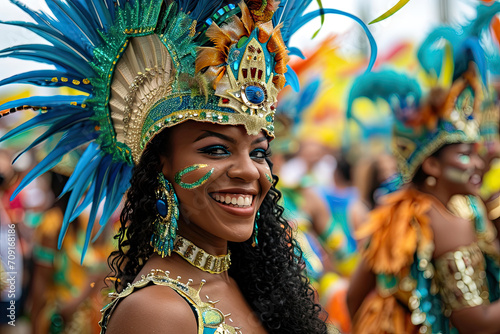 Carnaval de Río de Janeiro en Brasil: Personajes vibrantes, con vestimentas muy coloridas y danza en un desfile de carnaval, personas sonrientes, colores muy saturados © Julio