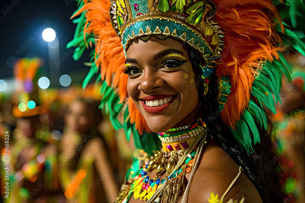 Carnaval de Río de Janeiro en Brasil: Personajes vibrantes, con vestimentas muy coloridas y danza en un desfile de carnaval, personas sonrientes, colores muy saturados