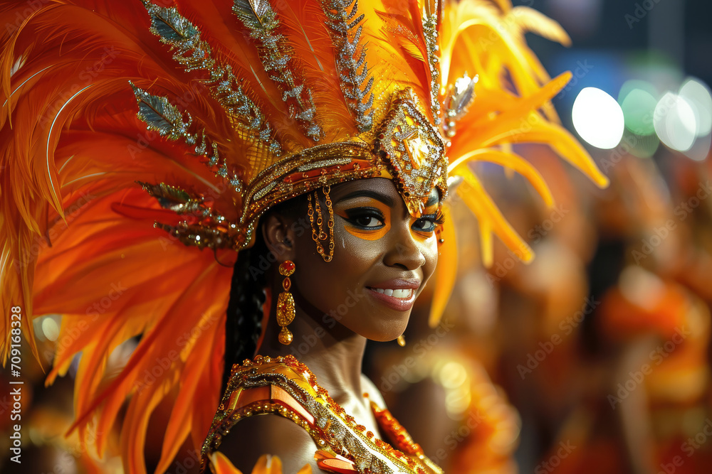 Carnaval de Río de Janeiro en Brasil: Personajes vibrantes, con vestimentas muy coloridas y danza en un desfile de carnaval, personas sonrientes, colores muy saturados