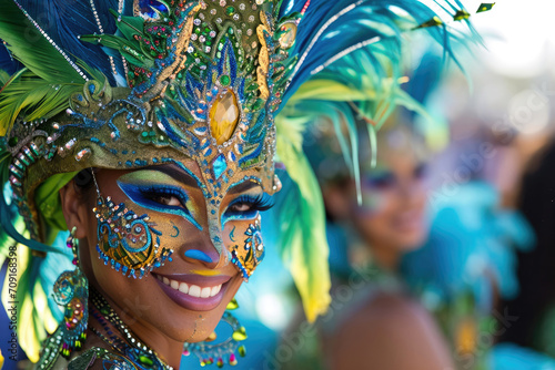 Carnaval de Río de Janeiro en Brasil: Personajes vibrantes, con vestimentas muy coloridas y danza en un desfile de carnaval, personas sonrientes, colores muy saturados photo