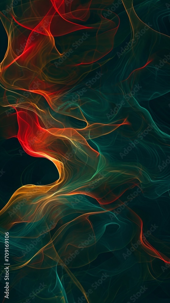 Obraz premium Abstract image of colorful smoke swirls in red, orange, and teal hues on a black background, ideal for creative backgrounds or wallpapers