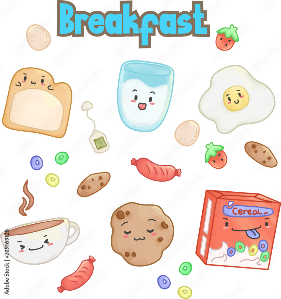set of breakfast icons with cute condiments