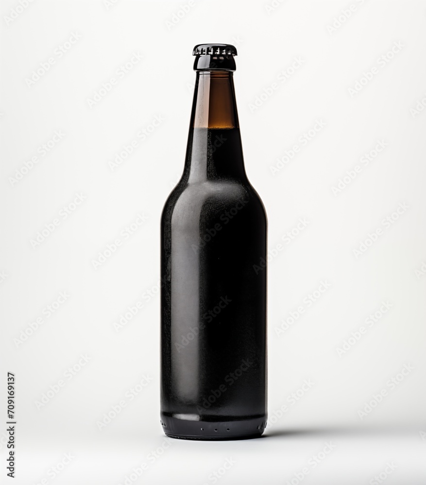 A brown beer bottle on a white background, in the style of light black and crimson A brown beer bottle on a white background, in the style of light black and crimson