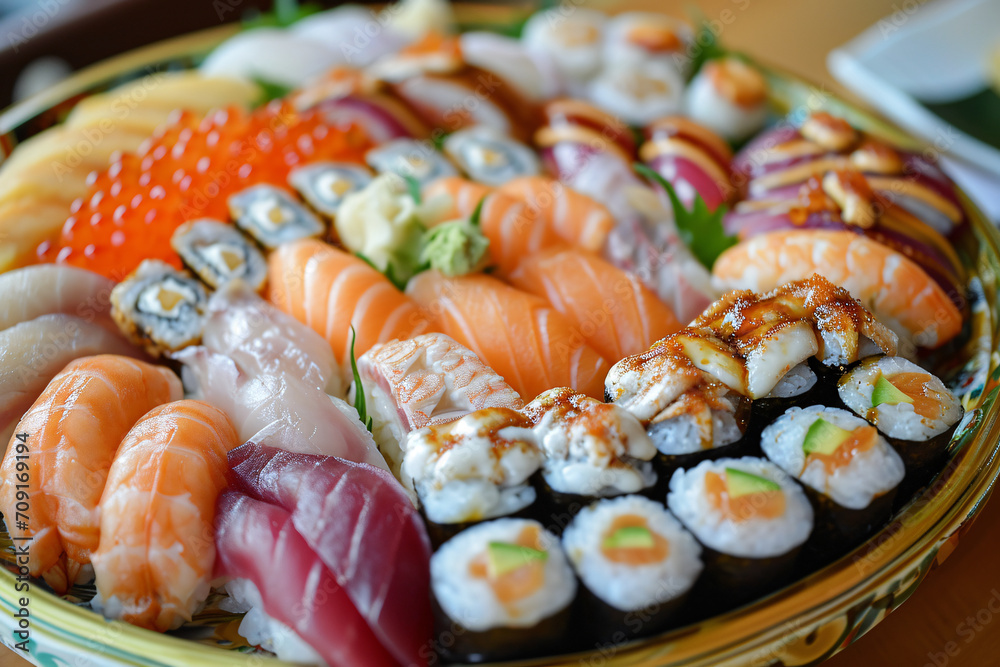 A delicious plate of sushi, tasty Japanese food A delicious plate of sushi, tasty Japanese food