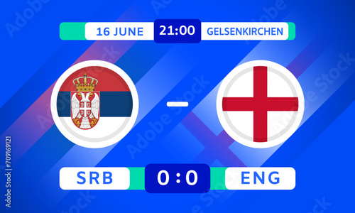 Serbia vs England Design Element. Flags Icons with transparency isolated on blue background. Football Championship Competition Infographics. Announcement, Game Score Template. Vector graphics