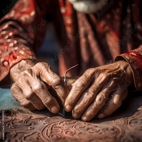 A close-up of a tailor's hands sewing intricate patterns.