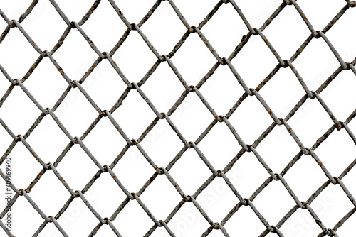 The texture of the metal mesh on a white background. Torn steel, metal mesh with holes