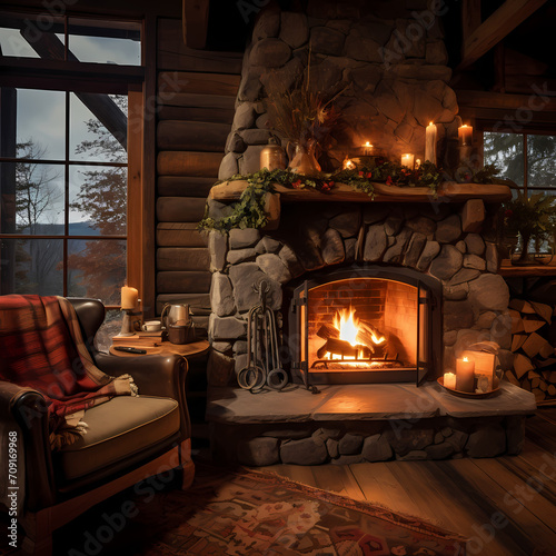 A cozy fireplace in a rustic cabin.
