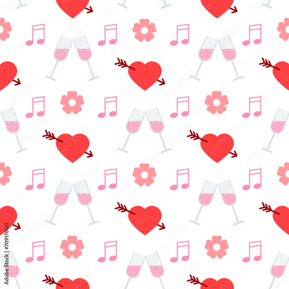 Valentine's day seamless pattern. Love background. Red pink texture with heart, arrow, champagne and notes. Cute romantic print. Retro wrapping paper. Holiday romance backdrop. Vector illustration Valentine's day seamless pattern. Love background. Red pink texture with heart, arrow, champagne and notes. Cute romantic print. Retro wrapping paper. Holiday romance backdrop. Vector illustration