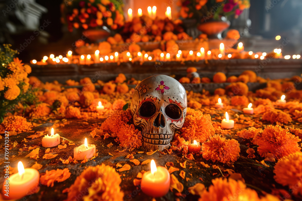 Día de los Muertos en México: Ofrenda con calaveras , flores y velas  - obrazy, fototapety, plakaty 
