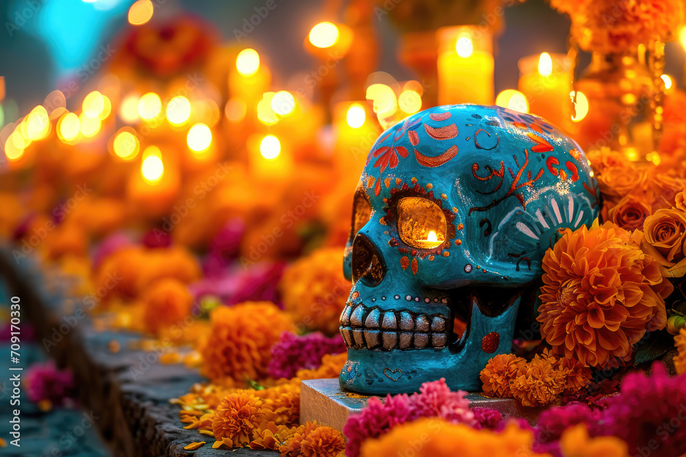 Día de los Muertos en México: Ofrenda con calaveras , flores y velas  - obrazy, fototapety, plakaty 