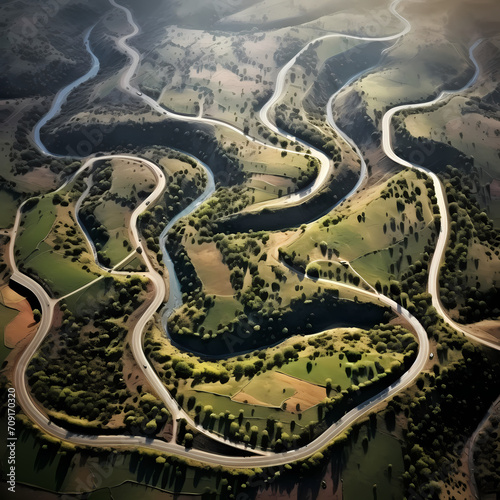A dynamic aerial view of winding country roads.