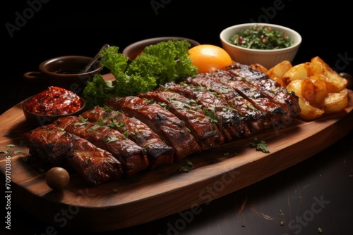 Barbecued and marinated sticky spare ribs. Grilled spare ribs. American style pork ribs. Grilled steak with melted barbeque sauce on a black and blurry background