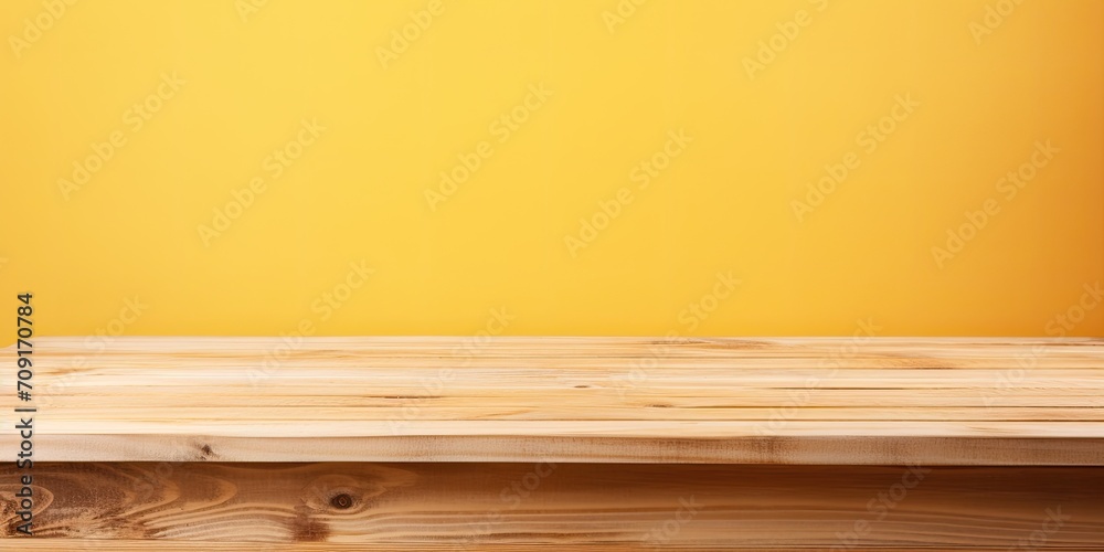 Wooden table top on pastel yellow background, suitable for displaying or arranging products. Wooden table top on pastel yellow background, suitable for displaying or arranging products.