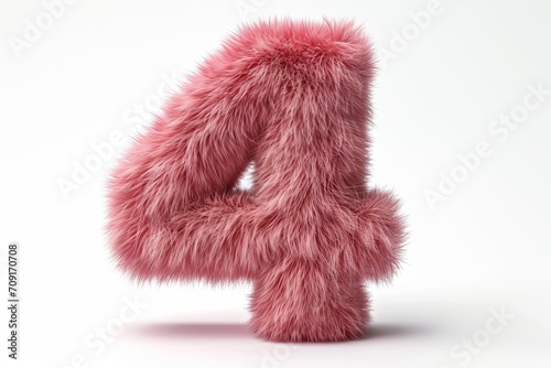 Cute pink number 4 or four as fur shape  short hair  white background  3D illusion  storybook style