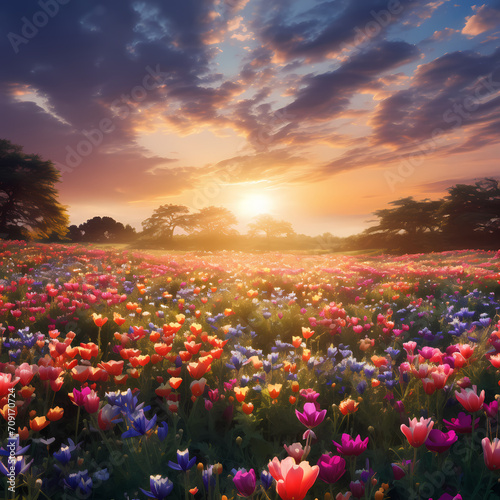 A field of wildflowers in full bloom under a clear sky.