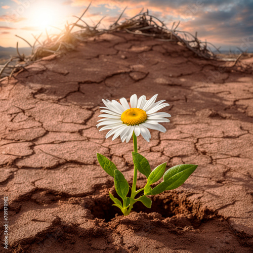 a lonely flower grew from the dried soil, lack of water in nature © Rara