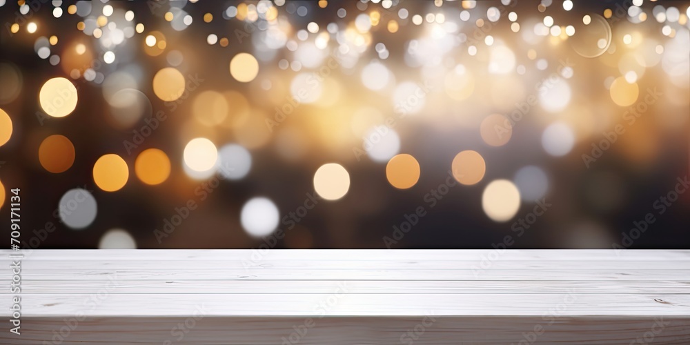 White wooden table with bokeh lights, used as a blank counter for product display in a shop.