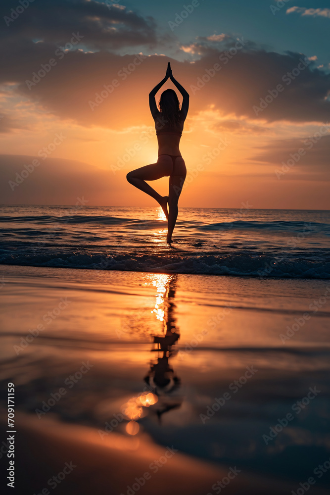 A woman doing a yoga pose at the beach during sunset