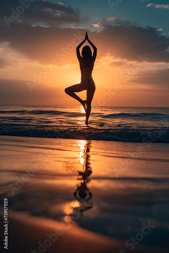 A woman doing a yoga pose at the beach during sunset