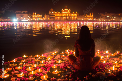 Diwali en India: Escena festiva con luces, lámparas de aceite y fuegos artificiales  photo