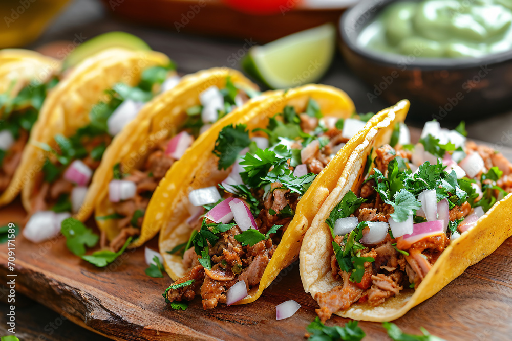 Delicious Mexican tacos close up, tasty street food Delicious Mexican tacos close up, tasty street food