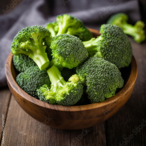 Fresh broccoli in a wooden bowl on a wooden board