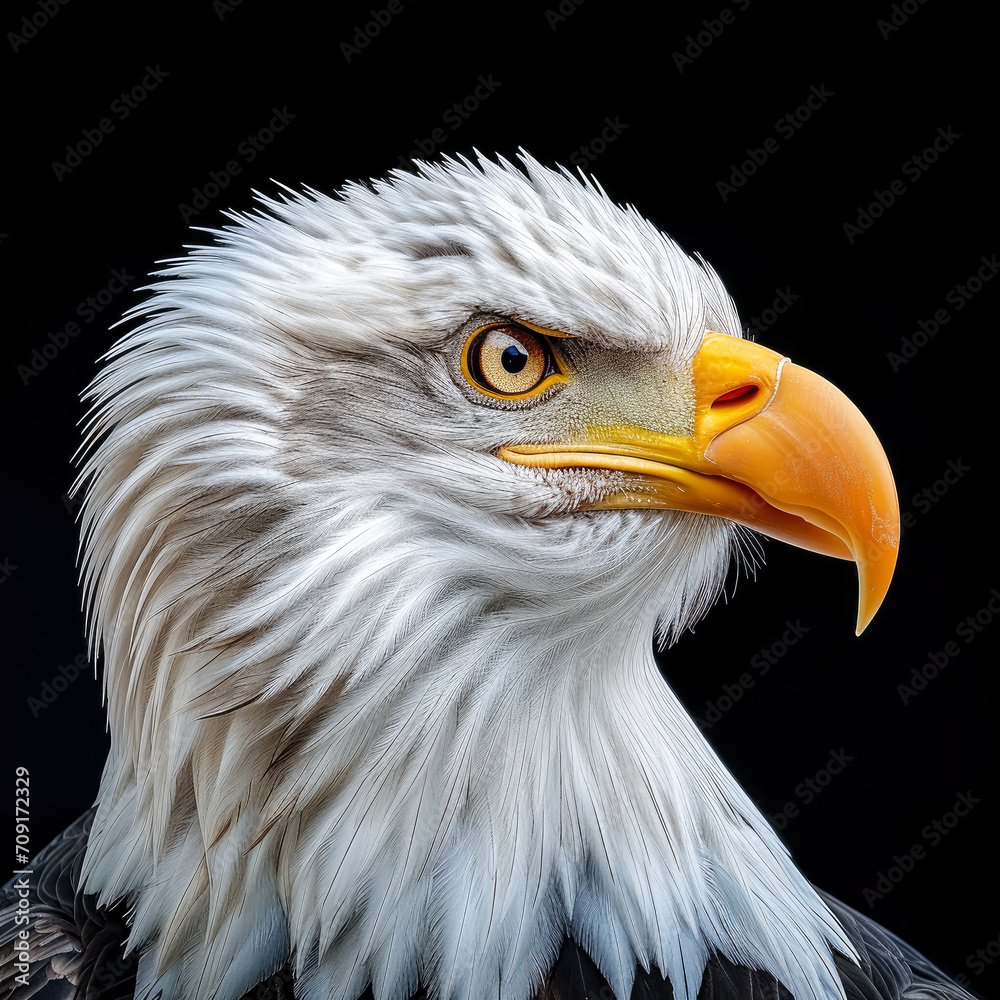 Fototapeta premium Bald eagle on black background, hyperrealist wildlife portraits.