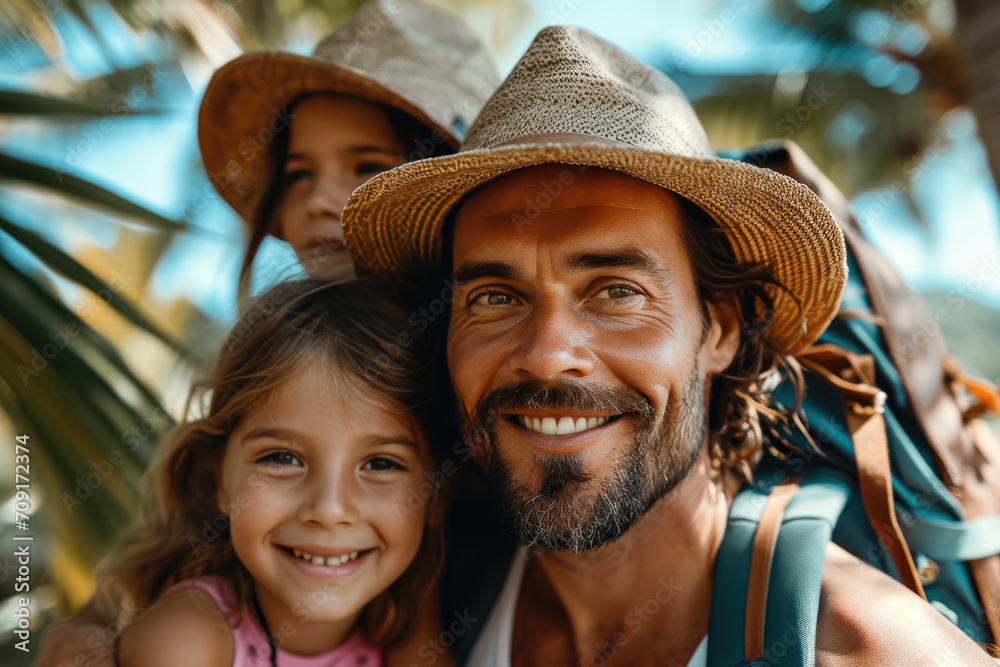 Selfi familiar de una familia con niños disfrutando de sus vacaciones de verano en una playa paradisíaca en el Caribe, día soleado, agua cristalina 