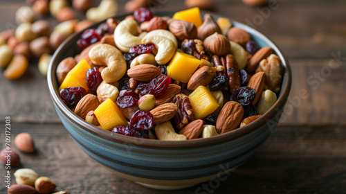 Assorted raw nuts and vibrant dried fruits in a decorative bowl.
