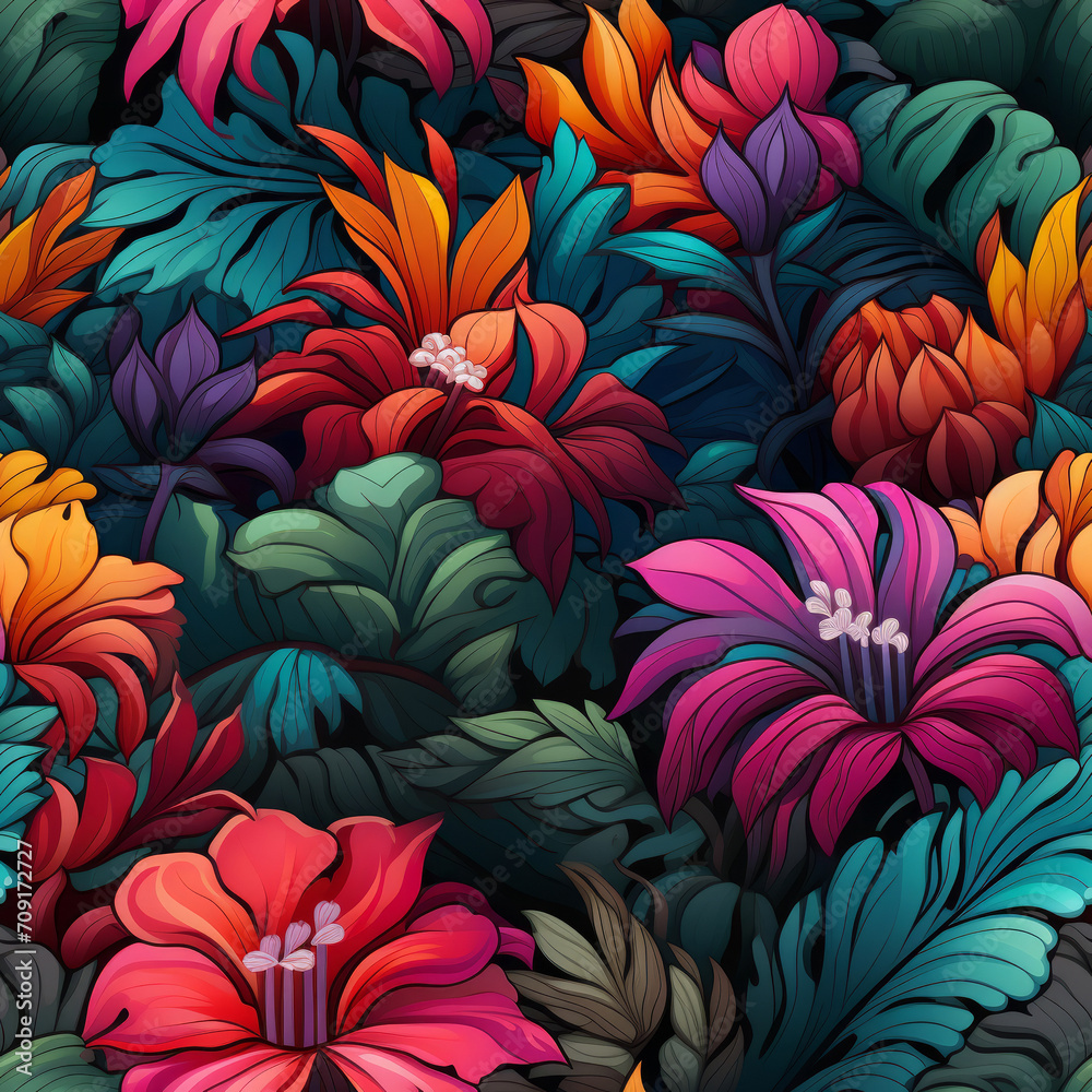 custom made wallpaper toronto digitalMulti-colored tropical leaves with flowers, seamless, pattern, fabric, tile, background, carpet, wallpaper, clothing, sarong, packaging, batik