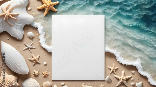 Blank paper on the background of the sea with sand, shells and starfish, empty note for holidays on beach